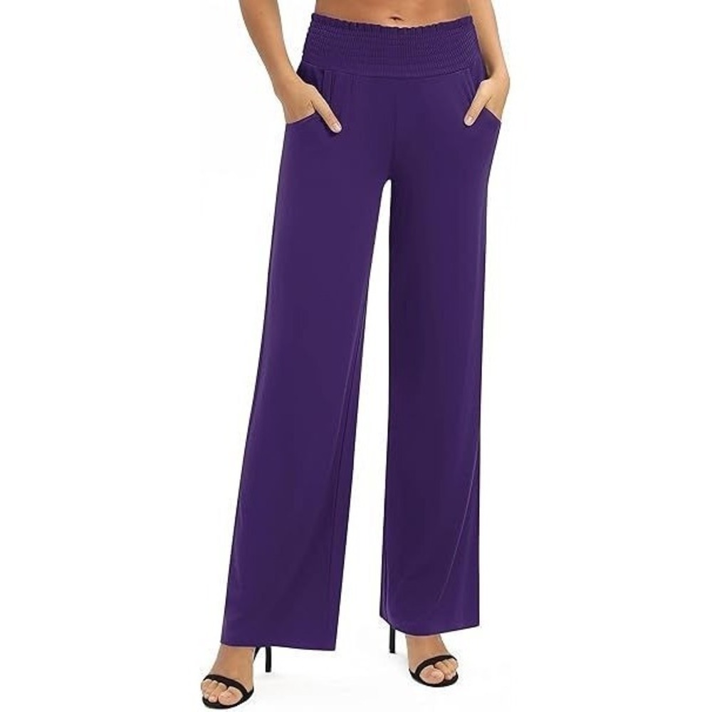 Urban CoCo Women's Wide Leg Smock Waist Palazzo Stretch Pants - Purple - 2XL